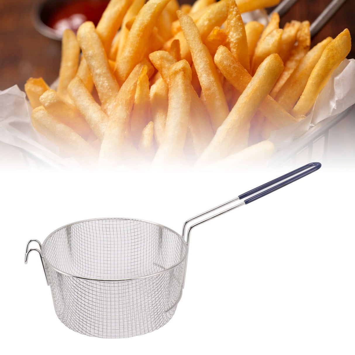 Frying Basket Stainless Steel Long Handle Reusable Rust Resistant Fry Net for Fish Chicken Nuggets Rubber Handle