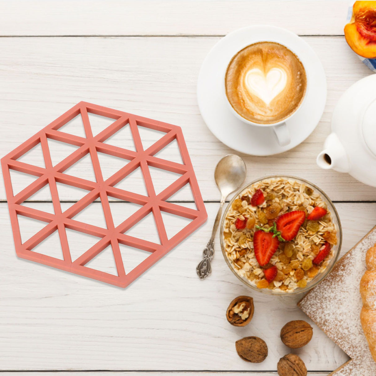 5pc Silicone Hexageon Placemat Heat Insulation Dish Cup Bowl Mat for Dining Table Red