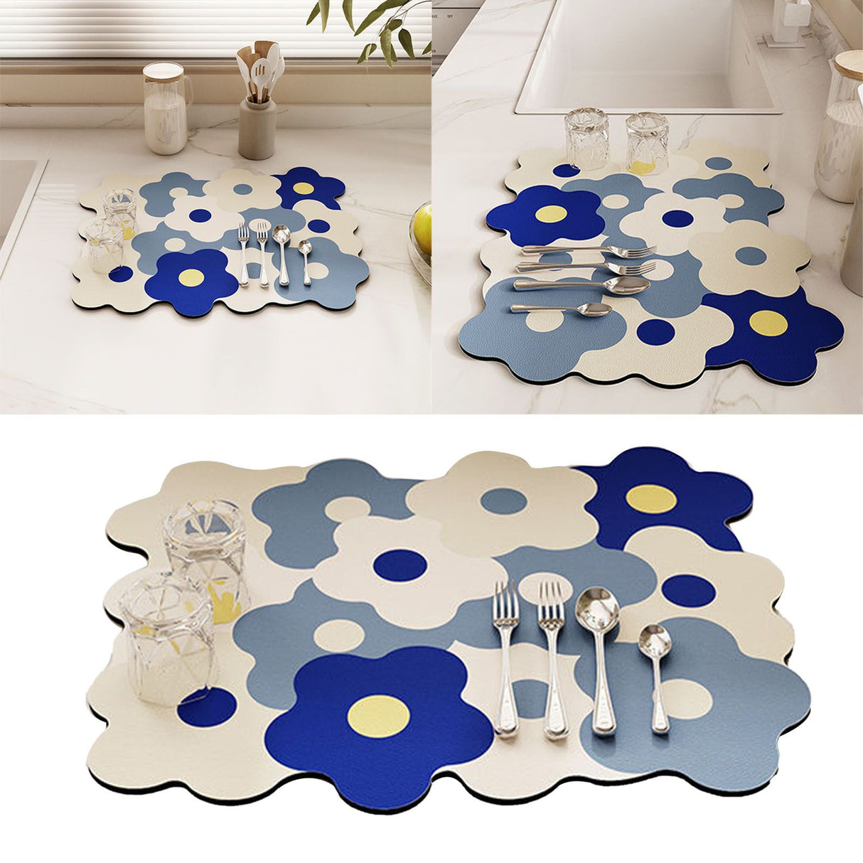 Kitchen Counter Dish Drying Mat Refreshing Cute Elegant Heat Resistant Absorbent Dishes Drain Mat Blue and White 11.8 X 15.7in