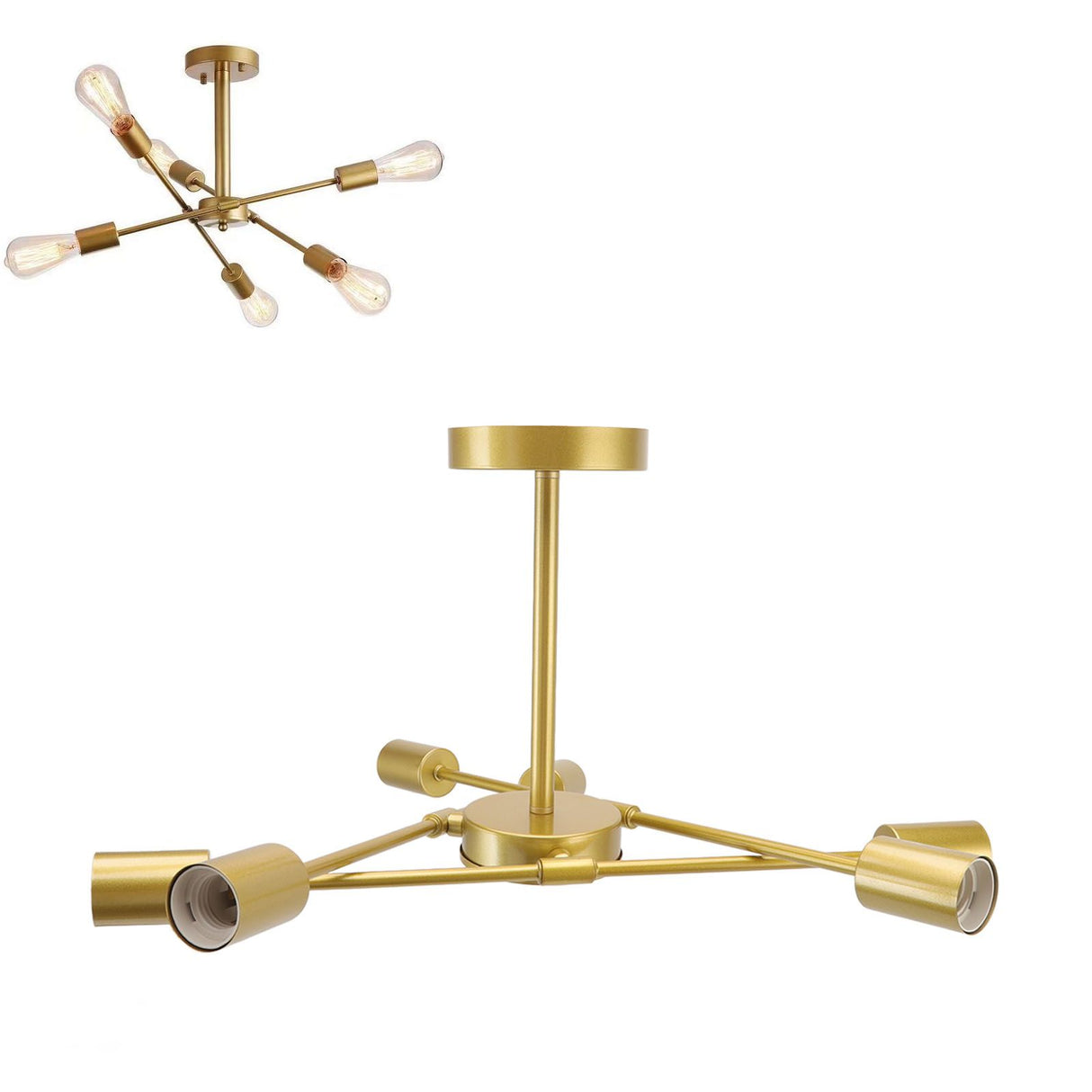 Retro Industrial 6 Light Semi Flush Mount Ceiling Light Fixture Modern Sputnik Chandelier for Art Restaurant Bar Bedroom110‑220V Golden