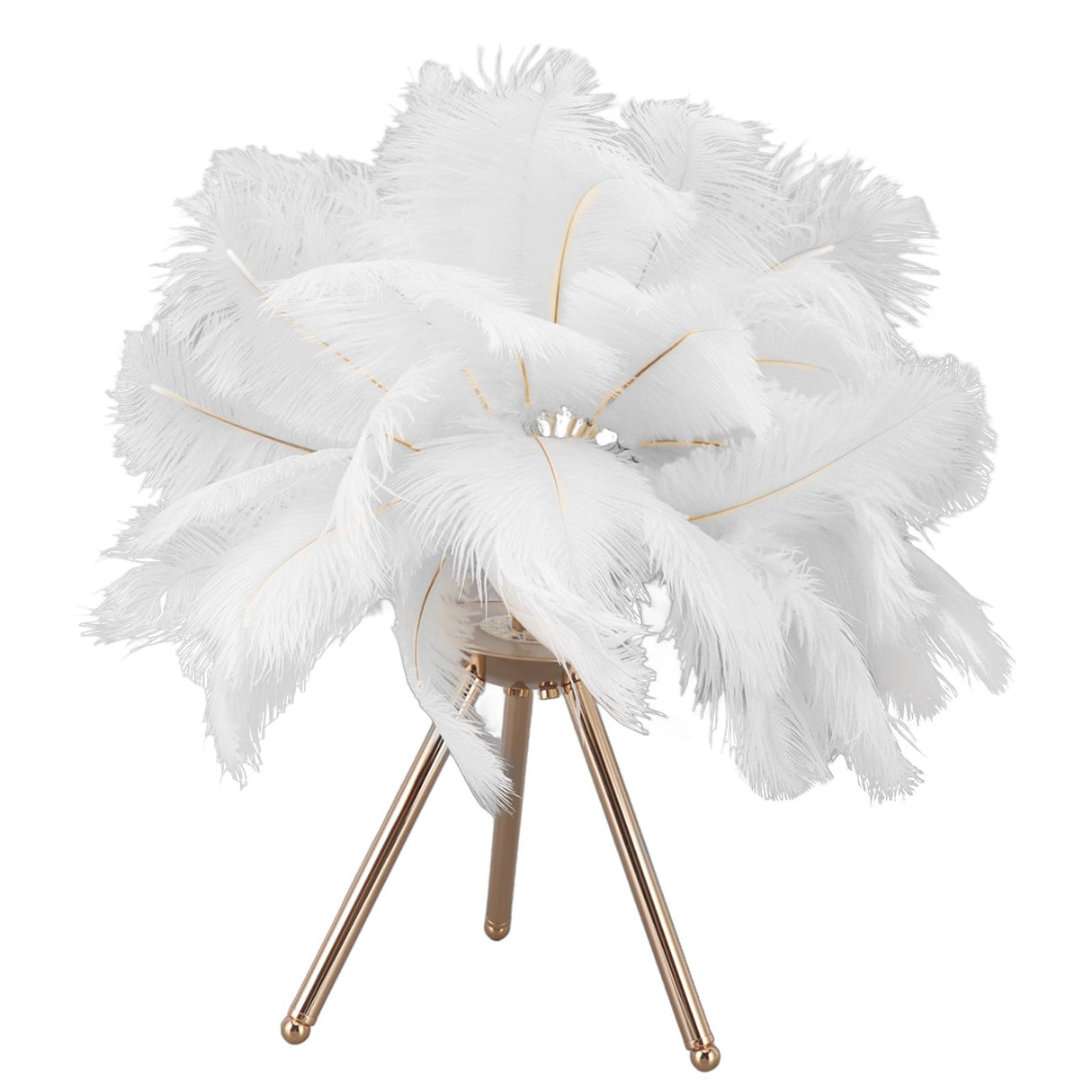Feather Table Lamp USB Rechargeable Ostrich Feather Desk Light with Gold Tripod for Bedroom 40Pcs Artificial Feather White