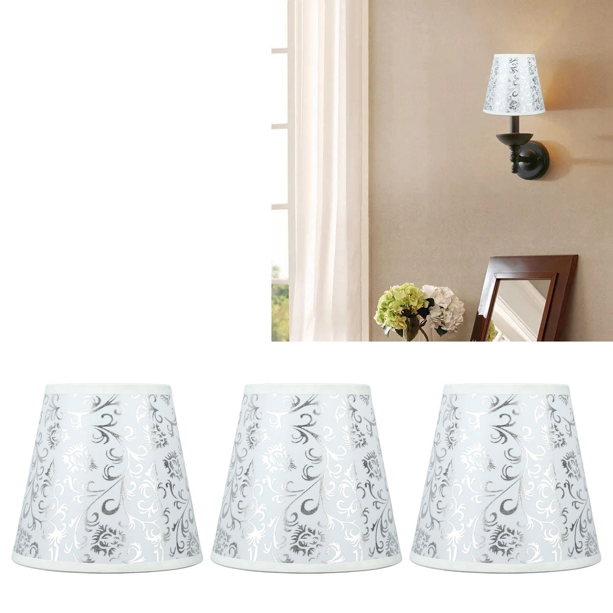 Cloth Lampshade Clip On Installation Modern Fabric Lamp Shades for E14 Bulb Chandelier Table Lamp 3pcs Silver