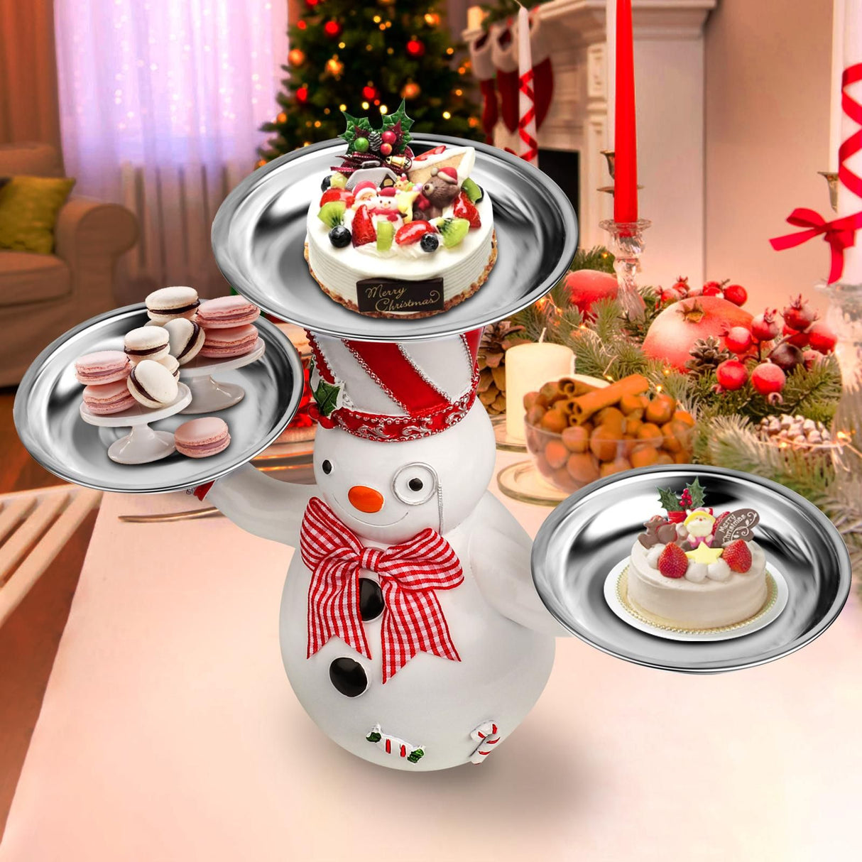 Christmas Snowman Treats Holder Santa Holding Tray Fruit Bowl Rack Resin Home Party Food Snack Storage Rack