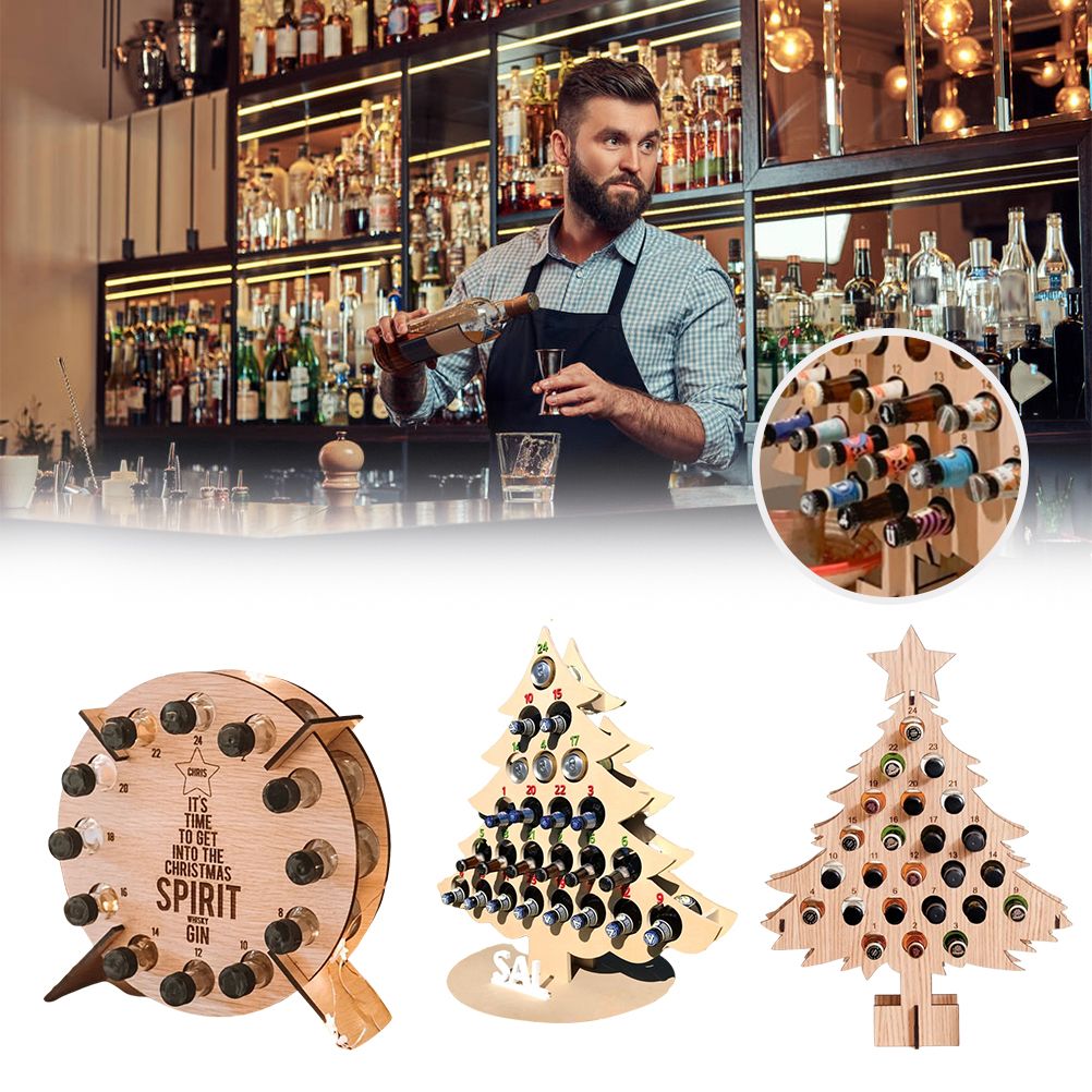 Christmas Advent Calendar Countdown 24 Wooden Christmas Tree Mini Alcohol Holder Wine Bottle Stand Decoration Gifts