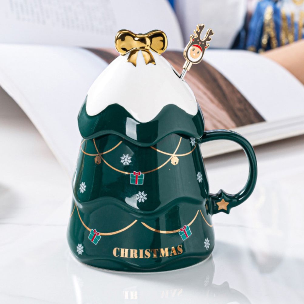 Christmas Mug Set with Cover and Spoon 500 ml Ceramic Mug for Mulled Wine Coffee Cocoa Christmas Mug Gift