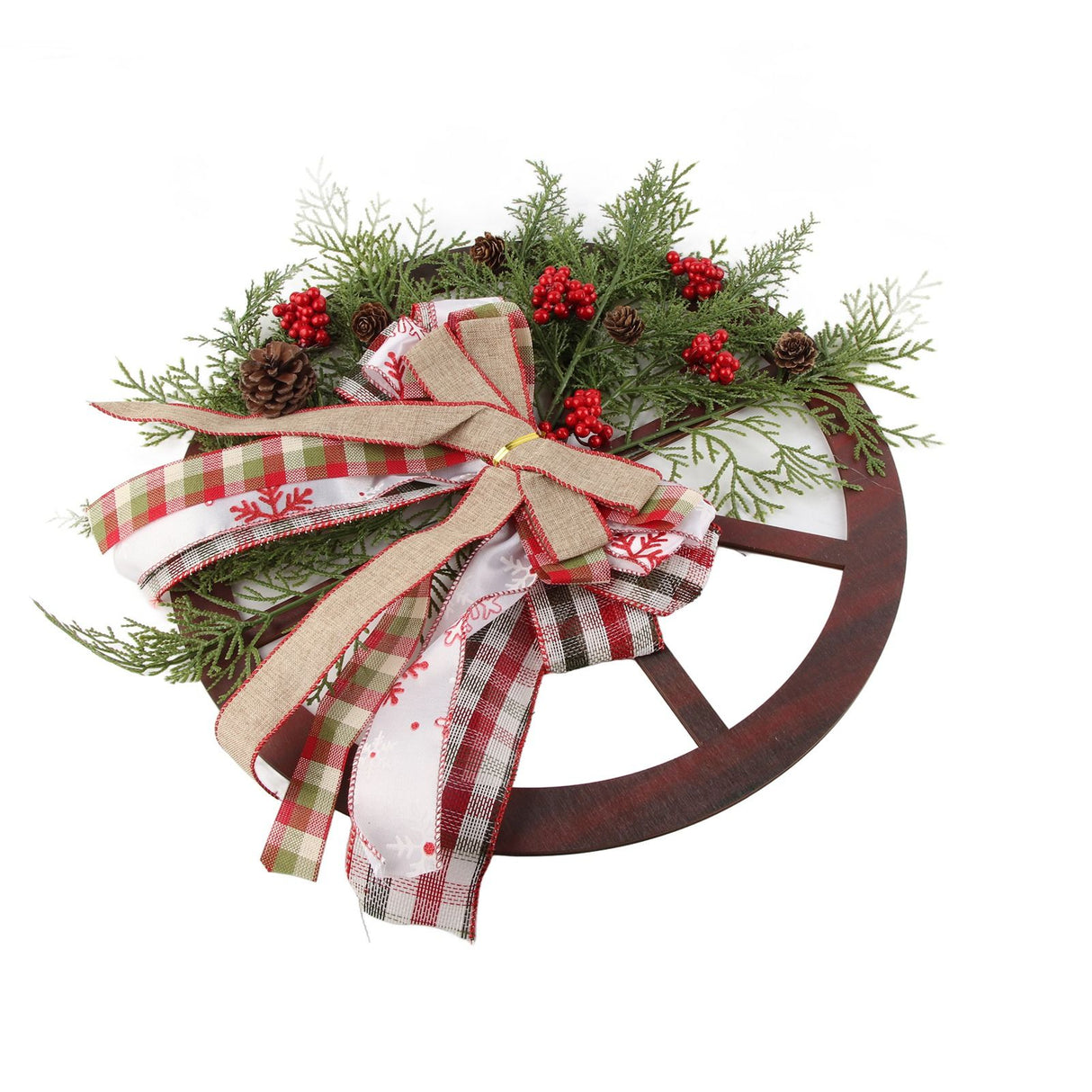 Red Truck Wheel Christmas Bowknot Wreath Fall Wreath for Front Door Wooden Hanging Ornament Wreath for Indoor Outdoor