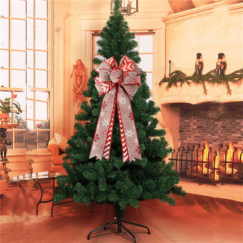 Christmas Double Layer Linen Bow Christmas Bowknot for Xmas Tree Decorations Maple Leaf Striped Snowflake Khaki Bow Decor