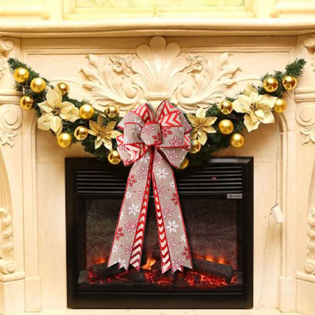Christmas Double Layer Linen Bow Christmas Bowknot for Xmas Tree Decorations Maple Leaf Striped Snowflake Khaki Bow Decor