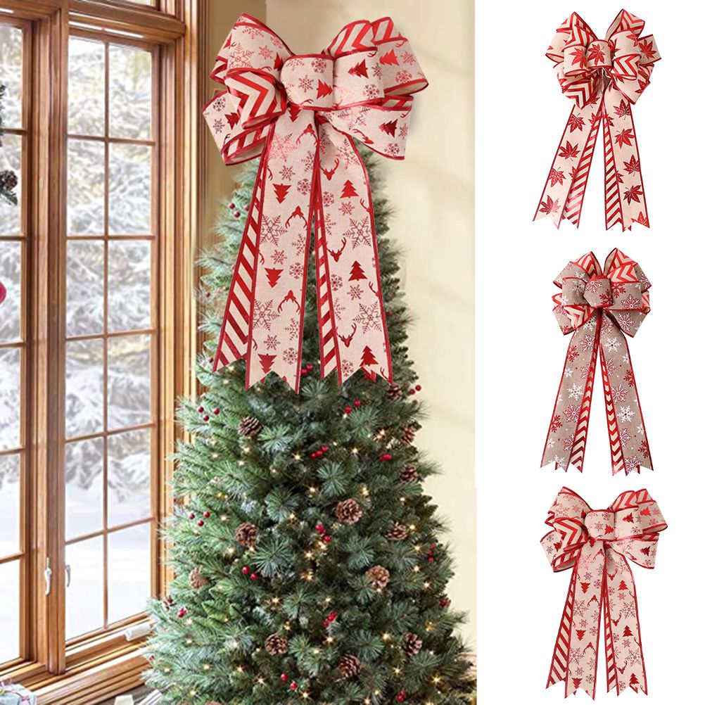 Christmas Double Layer Linen Bow Christmas Bowknot for Xmas Tree Decorations Maple Leaf Striped Snowflake Khaki Bow Decor