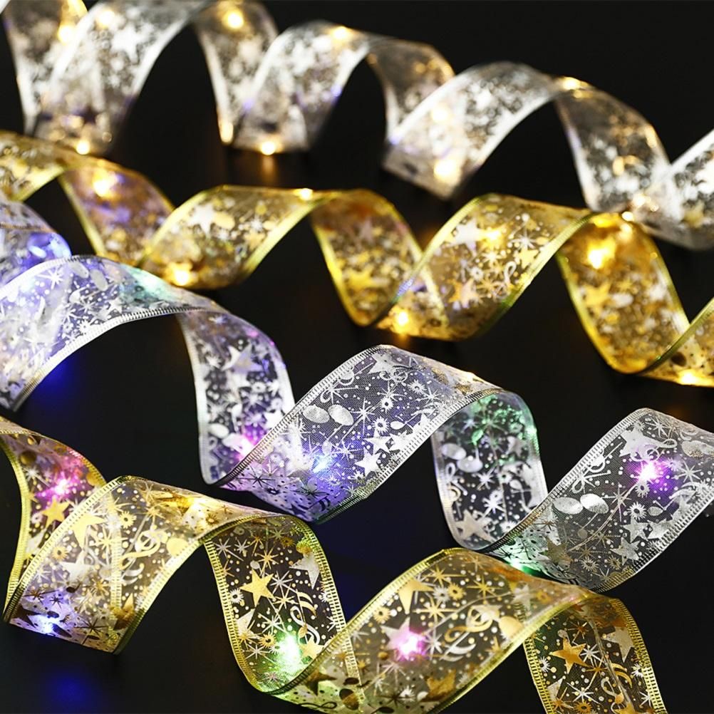 50 LED 5M Christmas Ribbon Bows With LED Fairy Lights Strings Christmas Tree Ornaments New Year Home Decor