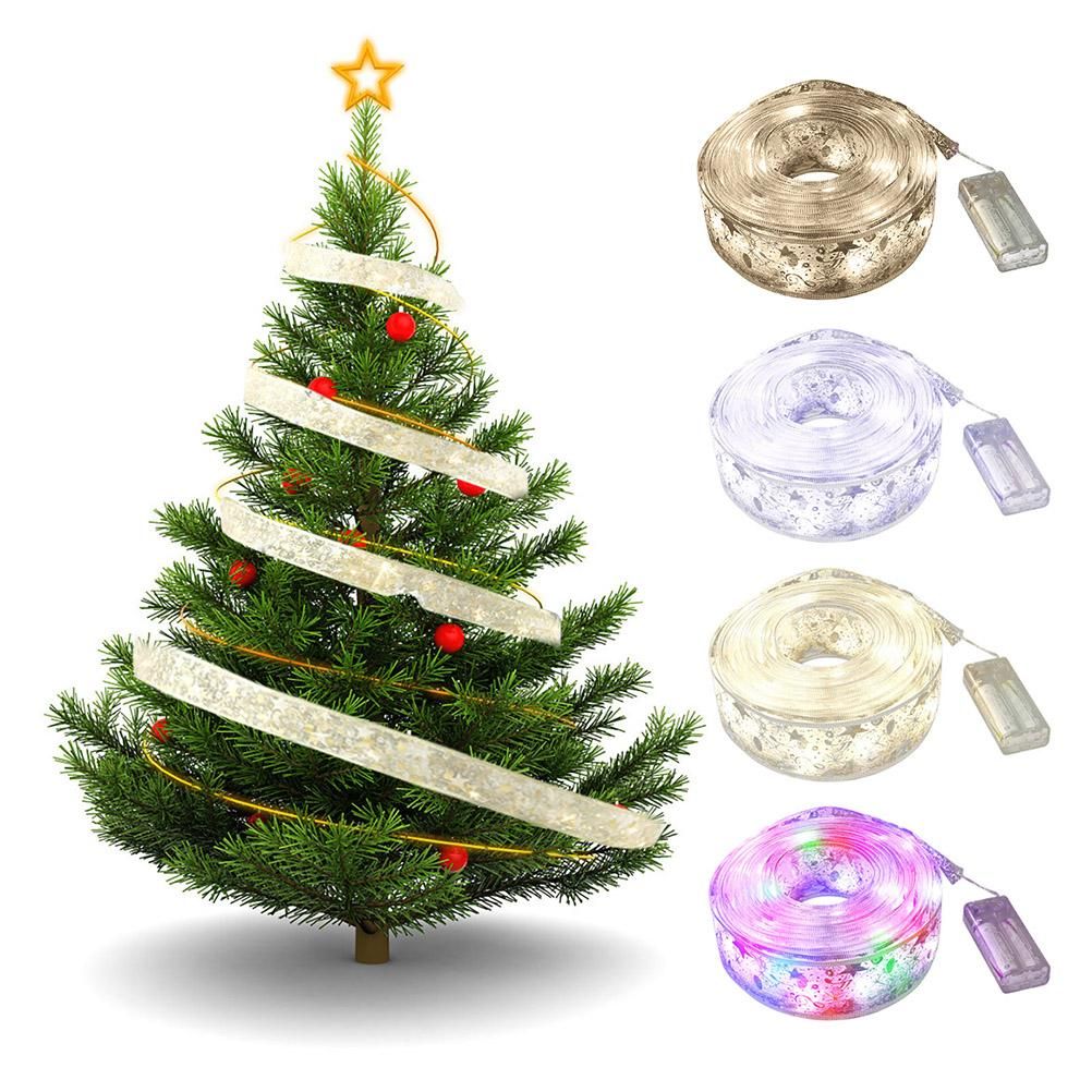 50 LED 5M Christmas Ribbon Bows With LED Fairy Lights Strings Christmas Tree Ornaments New Year Home Decor