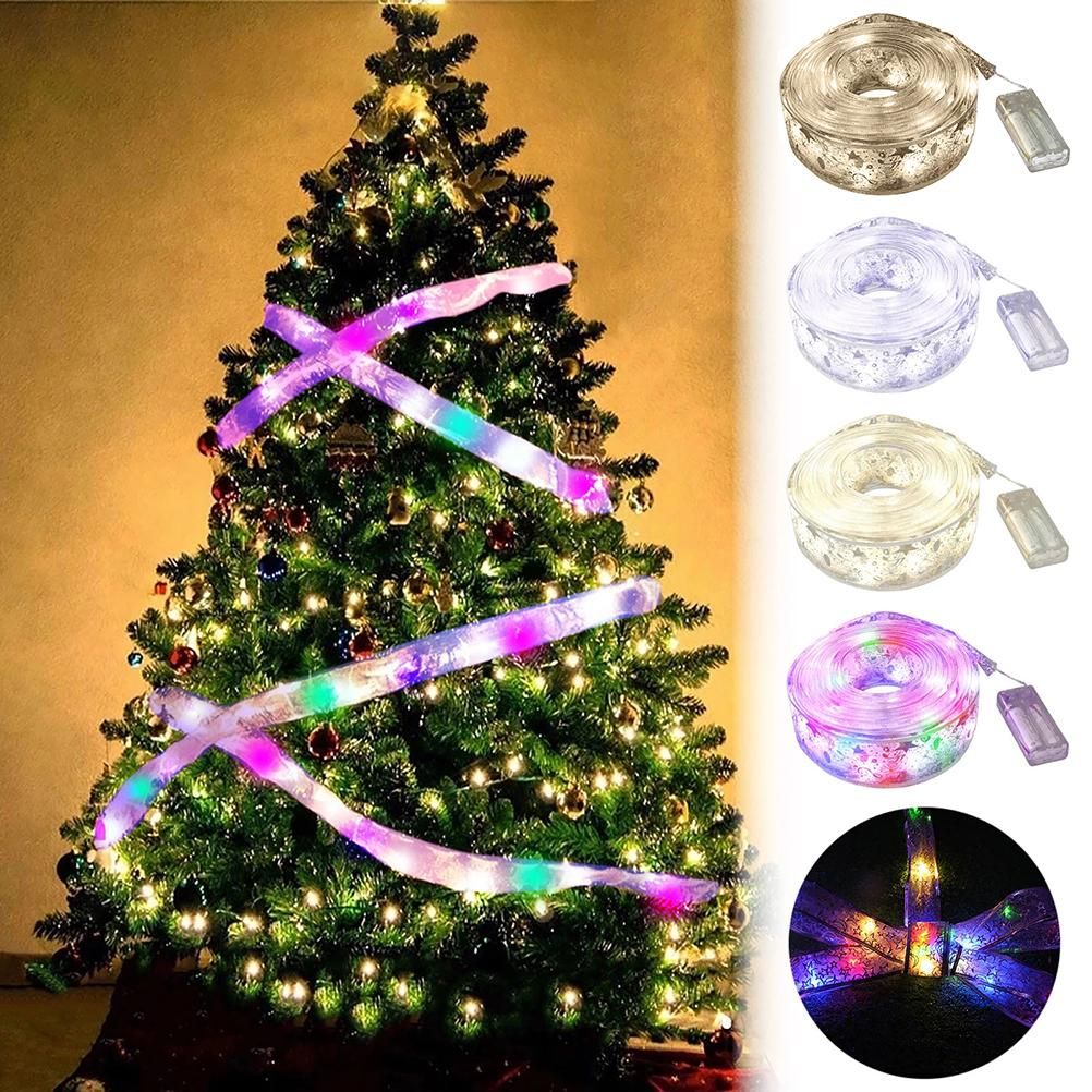 50 LED 5M Christmas Ribbon Bows With LED Fairy Lights Strings Christmas Tree Ornaments New Year Home Decor
