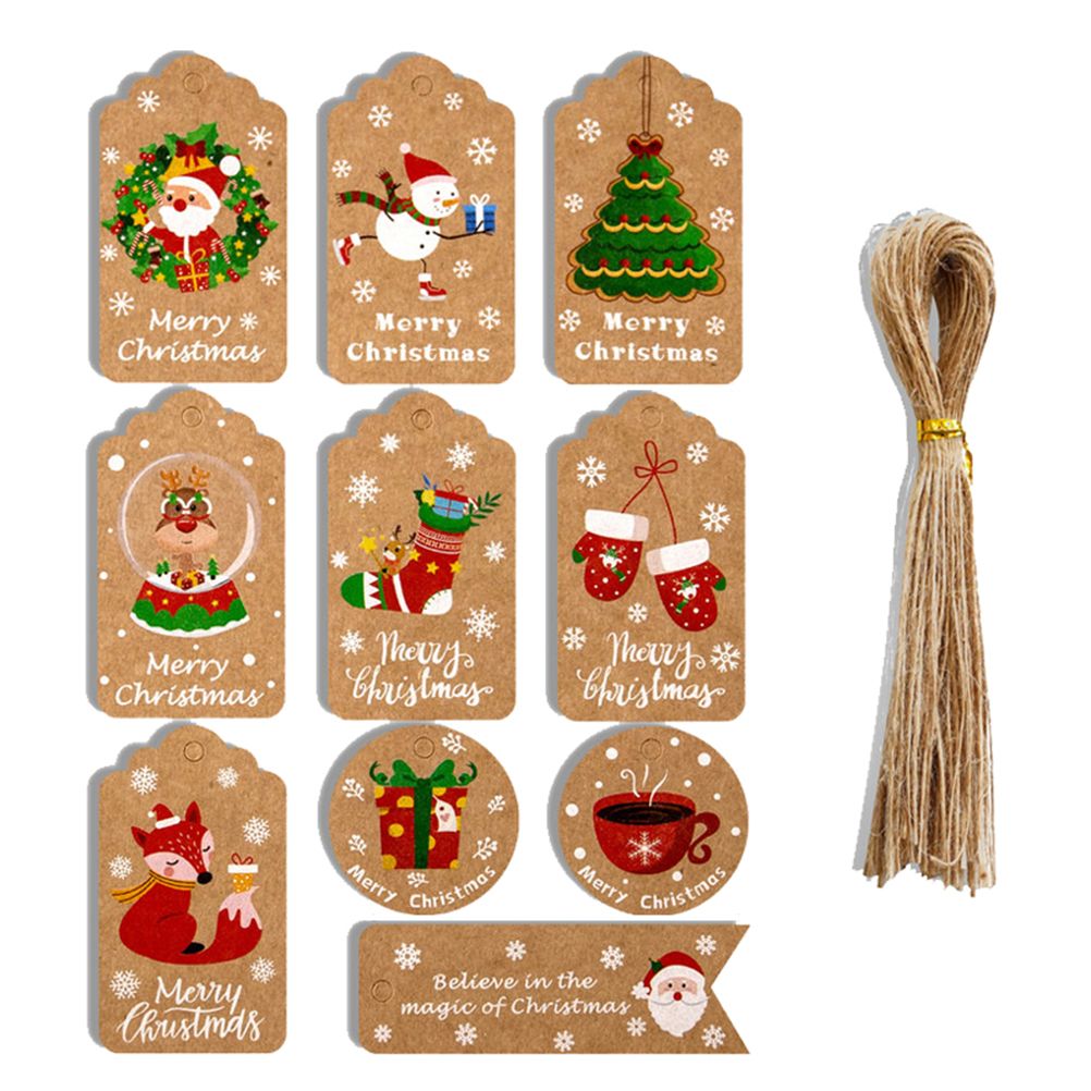 50pcs Christmas Kraft Paper Tags DIY Thank You Multi Style Crafts Hanging Tag with Rope Labels Gift Wrapping Supplies