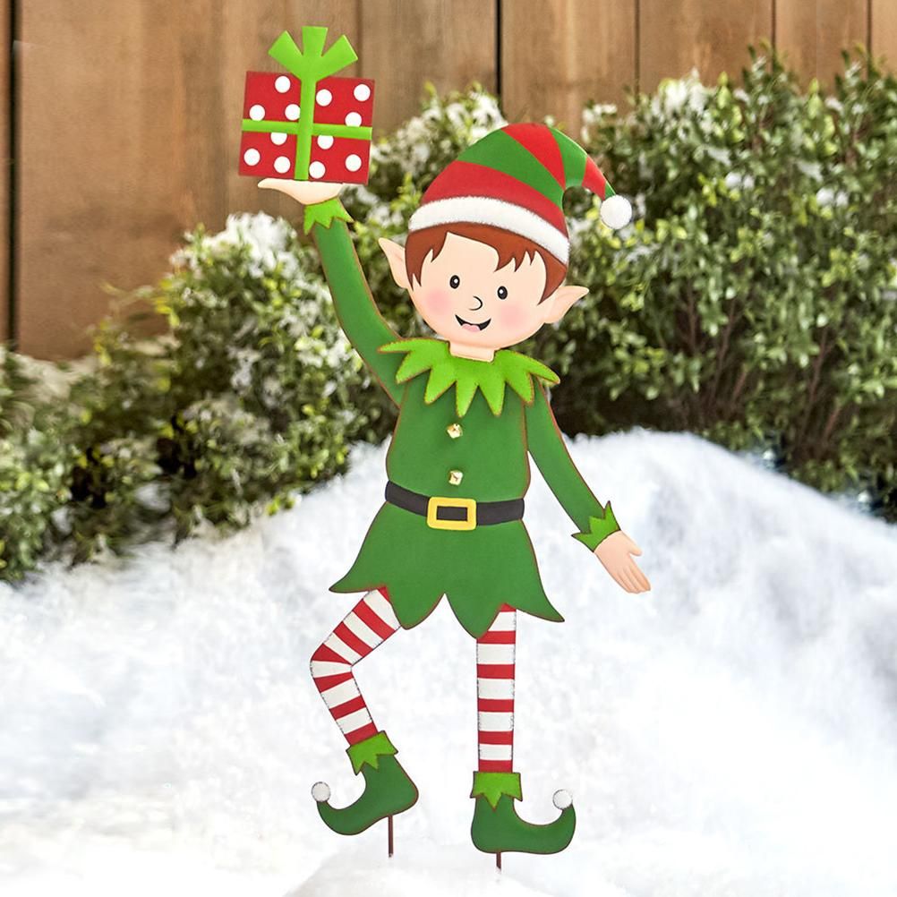 Christmas Elf Garden Stake Christmas Metal Gnome Yard Stake Wrought Iron Elf Ornament Yard Signs Decor Outdoor Holiday Decoration