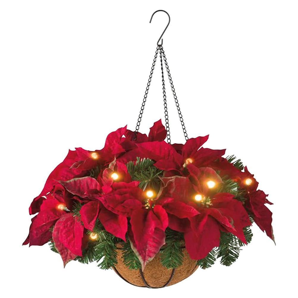 Pre Lit Christmas Hanging Basket Flocked with Mixed Decorations and LED Lights Artificial Frosted Berry Pine Cones for Christmas Outdoor Yard Decor