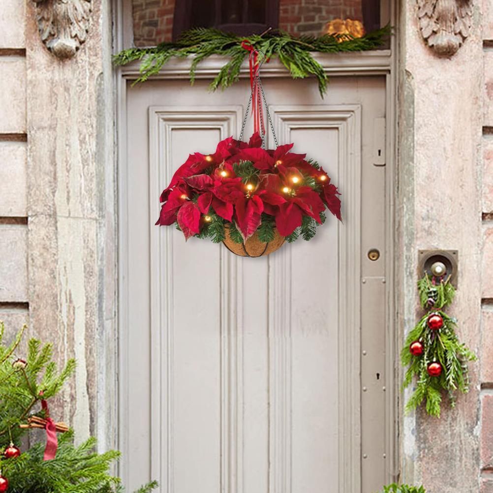 Pre Lit Christmas Hanging Basket Flocked with Mixed Decorations and LED Lights Artificial Frosted Berry Pine Cones for Christmas Outdoor Yard Decor