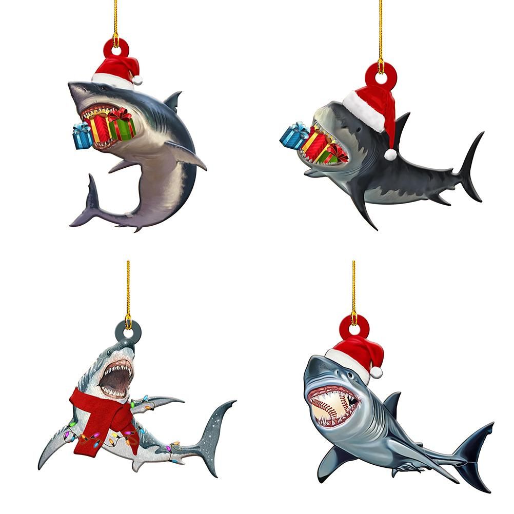 4Pcs Merry Christmas Wooden Pendant Christmas Tree Shark Pendant for Christmas Party Window Table Decoration