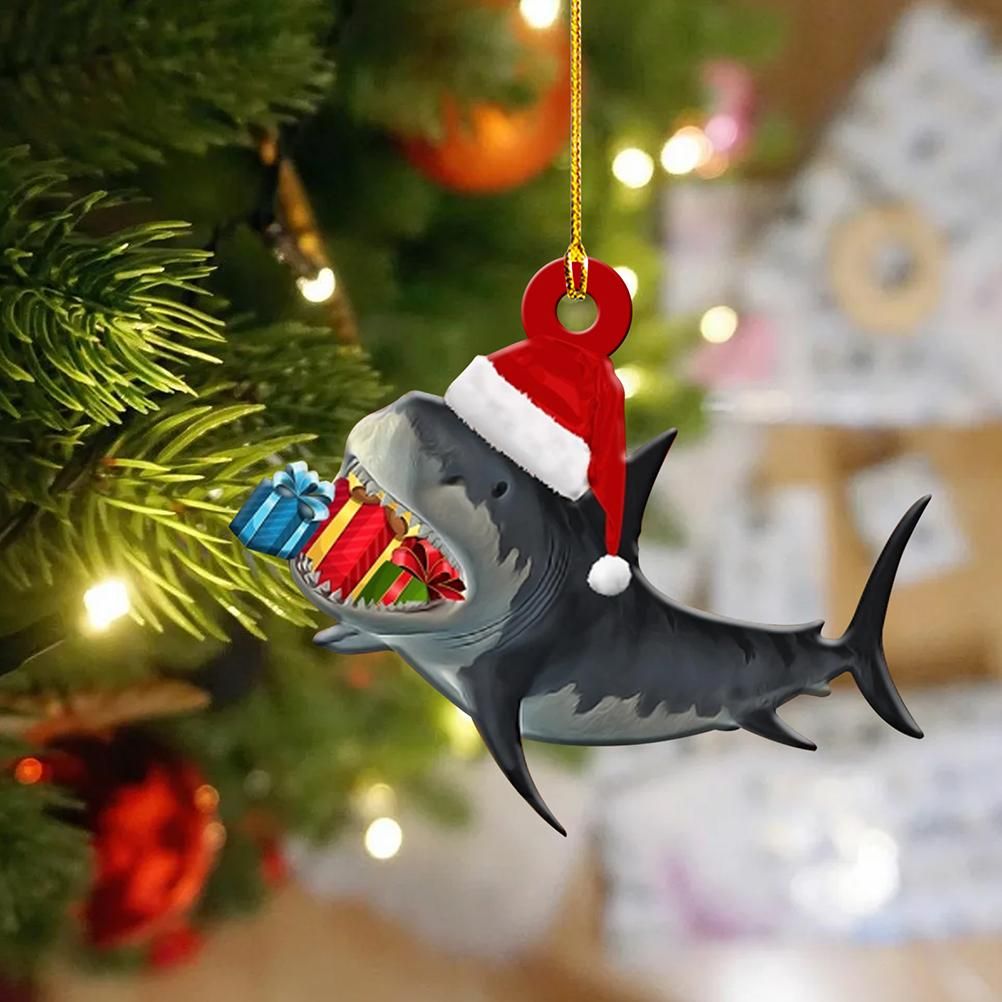 4Pcs Merry Christmas Wooden Pendant Christmas Tree Shark Pendant for Christmas Party Window Table Decoration