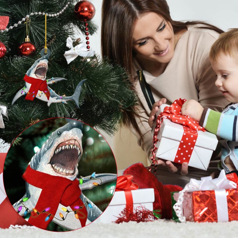 Christmas Decorations Wooden Shark Family Pendant Cute Fun Christmas Tree Hanging Decorations