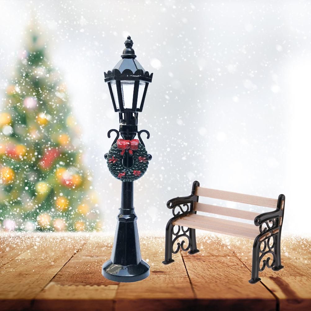 2Pcs Miniature Christmas Street Lamp Post Park Bench Seat Mini Street Light Model Dollhouse Xmas Village Pathway Fairy Garden Accessories