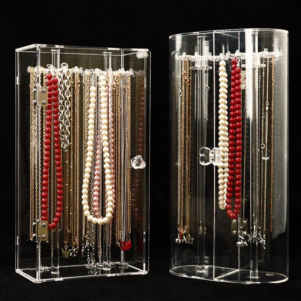 Acrylic Necklace Holder with 24 Hooks Clear Necklace Organizer Dustproof Rotation Jewelry Storage Stand Display Case