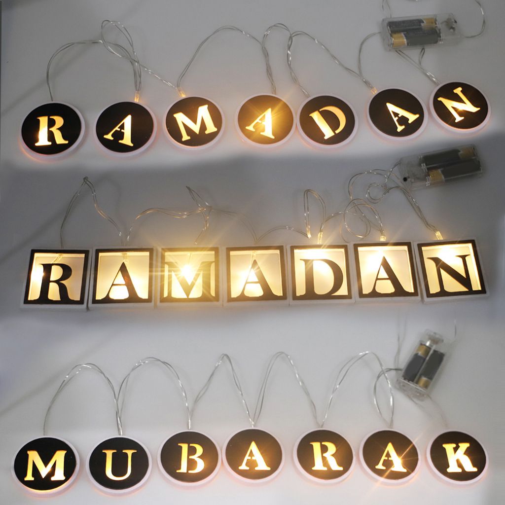 Ramadan LED String Light Decoration Wooden Hollow Letters Pendant for Ramadan Eid Mubarak Home Decor