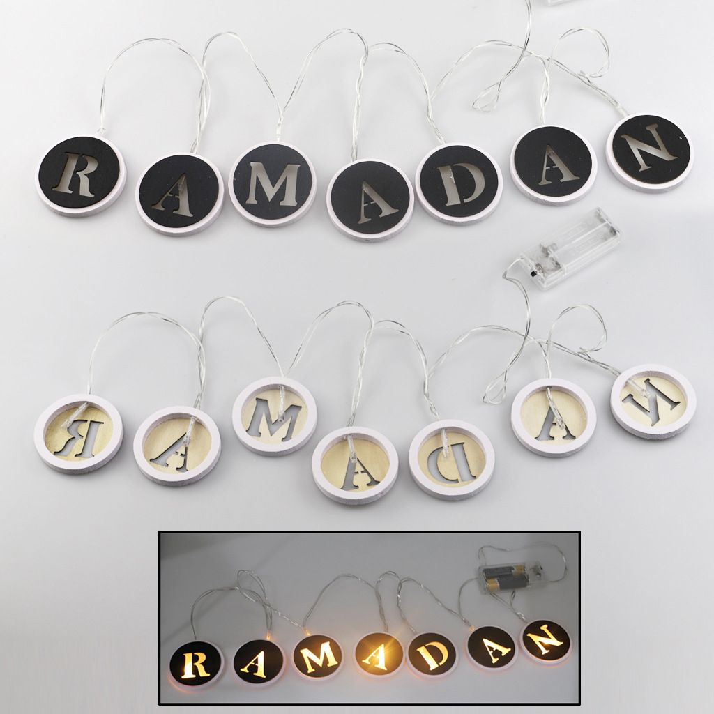 Ramadan LED String Light Decoration Wooden Hollow Letters Pendant for Ramadan Eid Mubarak Home Decor