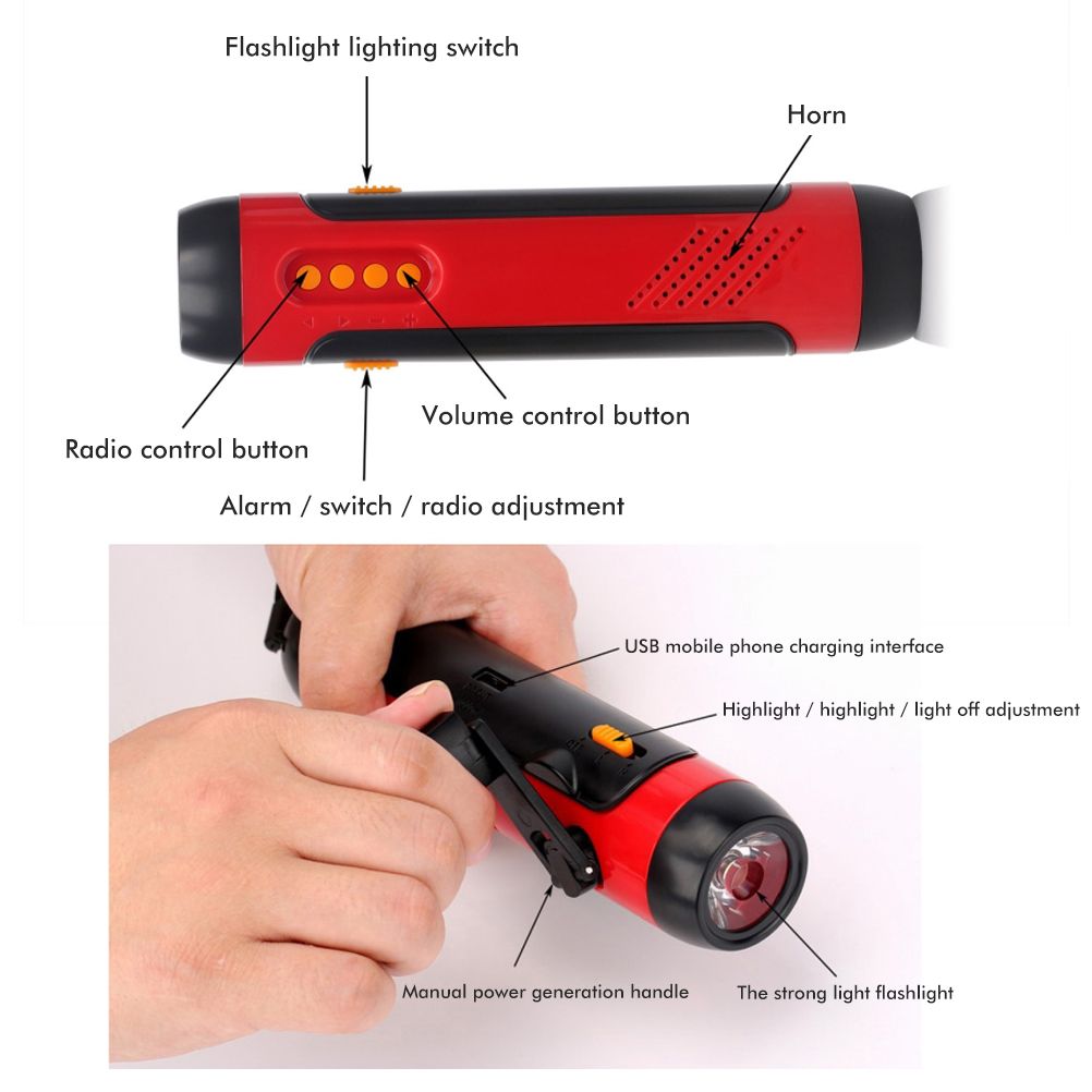 Portable Hand Crank Flashlight with Alarm FM Radio Function 1800mAh LED Generator Flashlight for Home Outdoor Camping Hiking