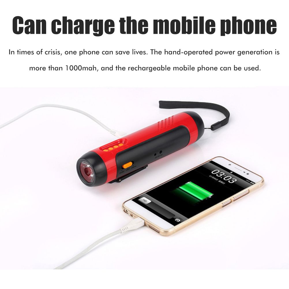 Portable Hand Crank Flashlight with Alarm FM Radio Function 1800mAh LED Generator Flashlight for Home Outdoor Camping Hiking