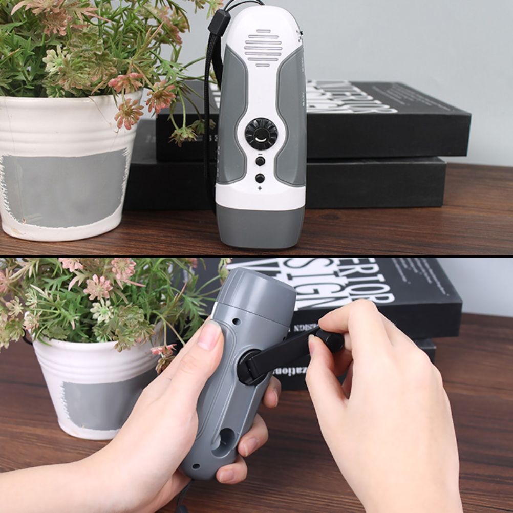 Hand Crank Charging Flashlight with 3 LED Light FM Radio Alarm for Travel Camping Mining Disaster