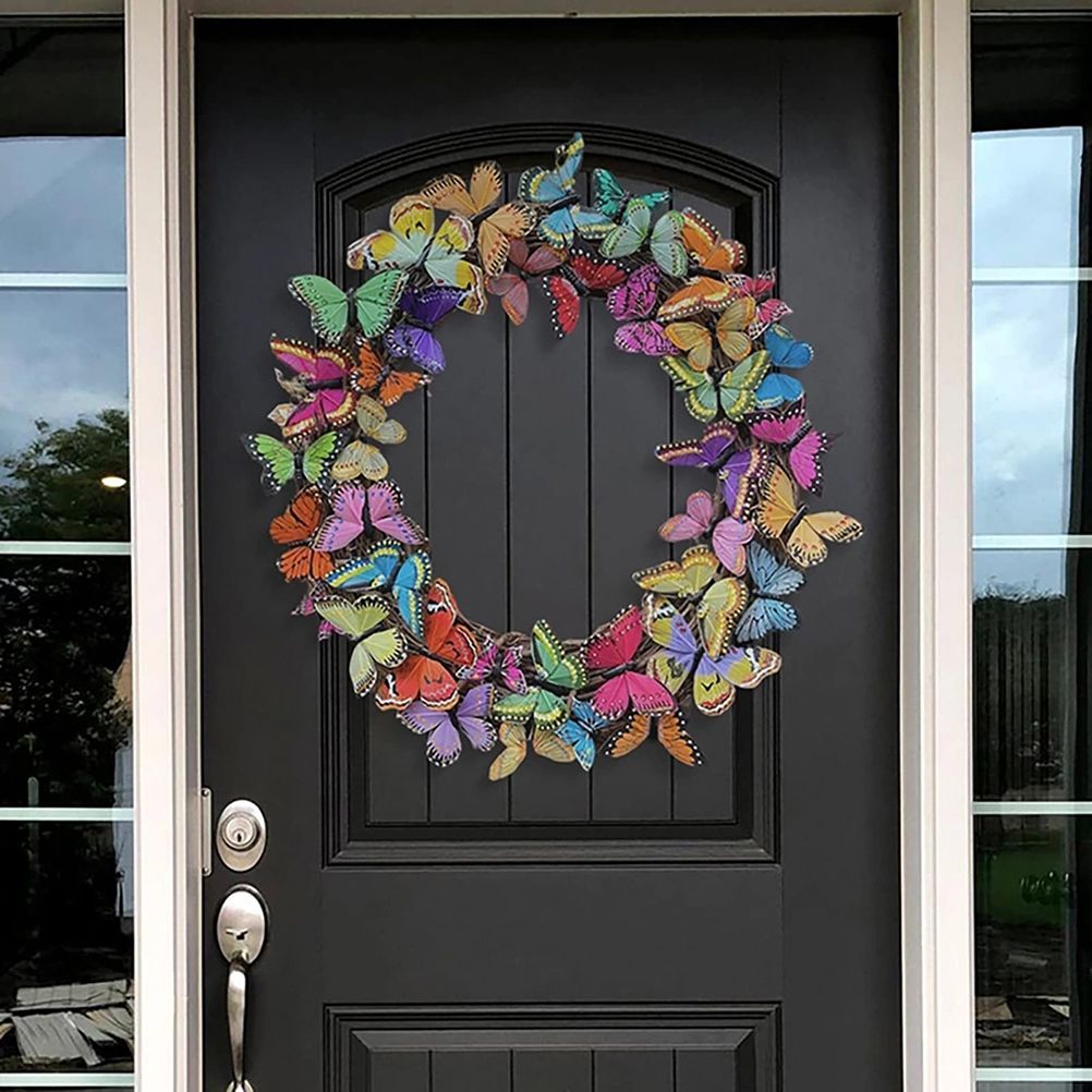 Artificial Butterfly Wreath Outdoor Decorative Welcome Wreath for Front Door Wall Window Spring Party Decoration