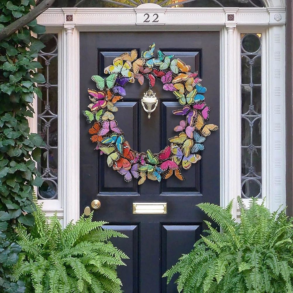 Artificial Butterfly Wreath Outdoor Decorative Welcome Wreath for Front Door Wall Window Spring Party Decoration
