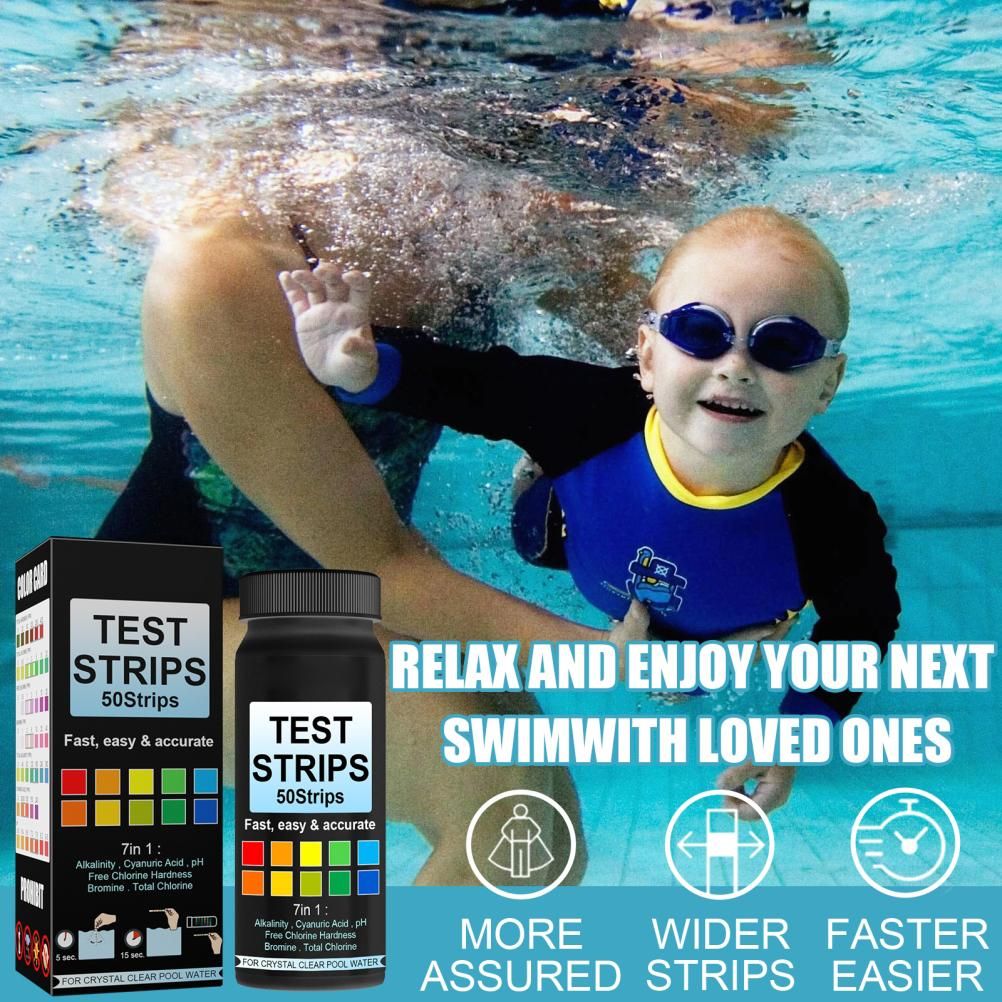 7 in 1 Swimming Pool Water Test Paper 50Pcs Water Quality Strips for Testing PH Chlorine Bromine Acidity Cyanide
