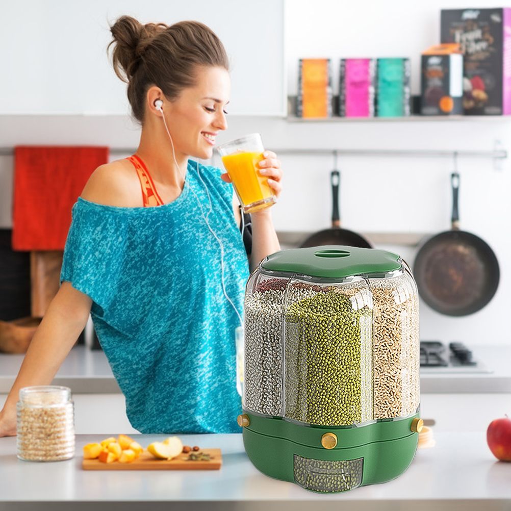 Food Grain Storage Container Large Capacity 9L 6 Grid Rotatable Rice Dispenser Sealed Grain Food Storage Box Kitchen Storage Bucket for Home Kitchen