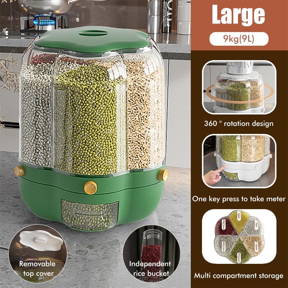 Food Grain Storage Container Large Capacity 9L 6 Grid Rotatable Rice Dispenser Sealed Grain Food Storage Box Kitchen Storage Bucket for Home Kitchen