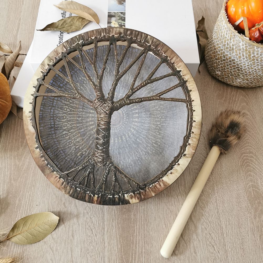 Shaman Drum with Drum Stick Vegetarian Shaman Fire Drum Home Ornament Shamanic Drum Hand Drum for Kids Adults