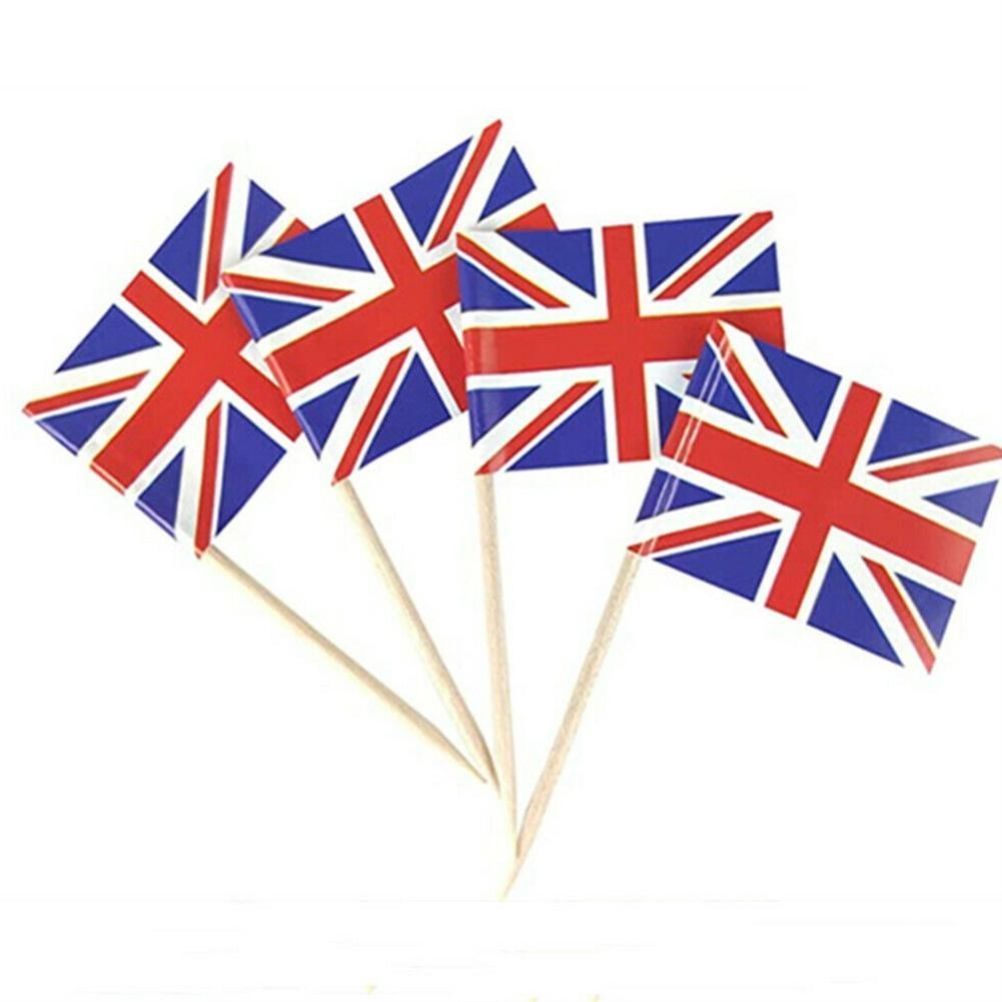 100Pcs Union Jack Mini Flags Hand Held British Toothpick Flags Cupcake Toppers UK Flags Fruit Sticks Party Decorations