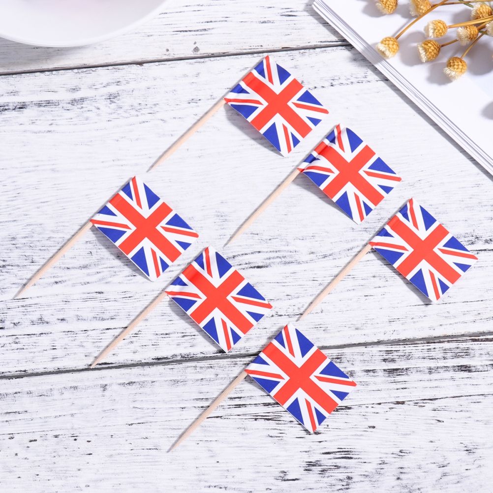 100Pcs Union Jack Mini Flags Hand Held British Toothpick Flags Cupcake Toppers UK Flags Fruit Sticks Party Decorations