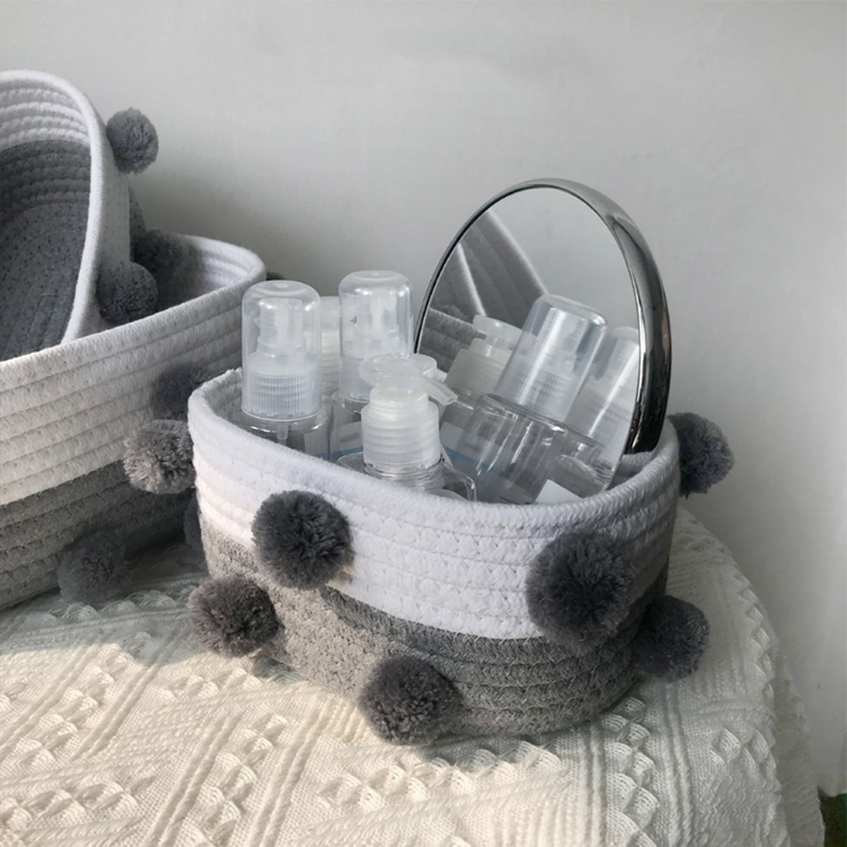 Cotton Rope Knitting With Fur Ball Storage Basket Snacks Keys Sundries Basket
