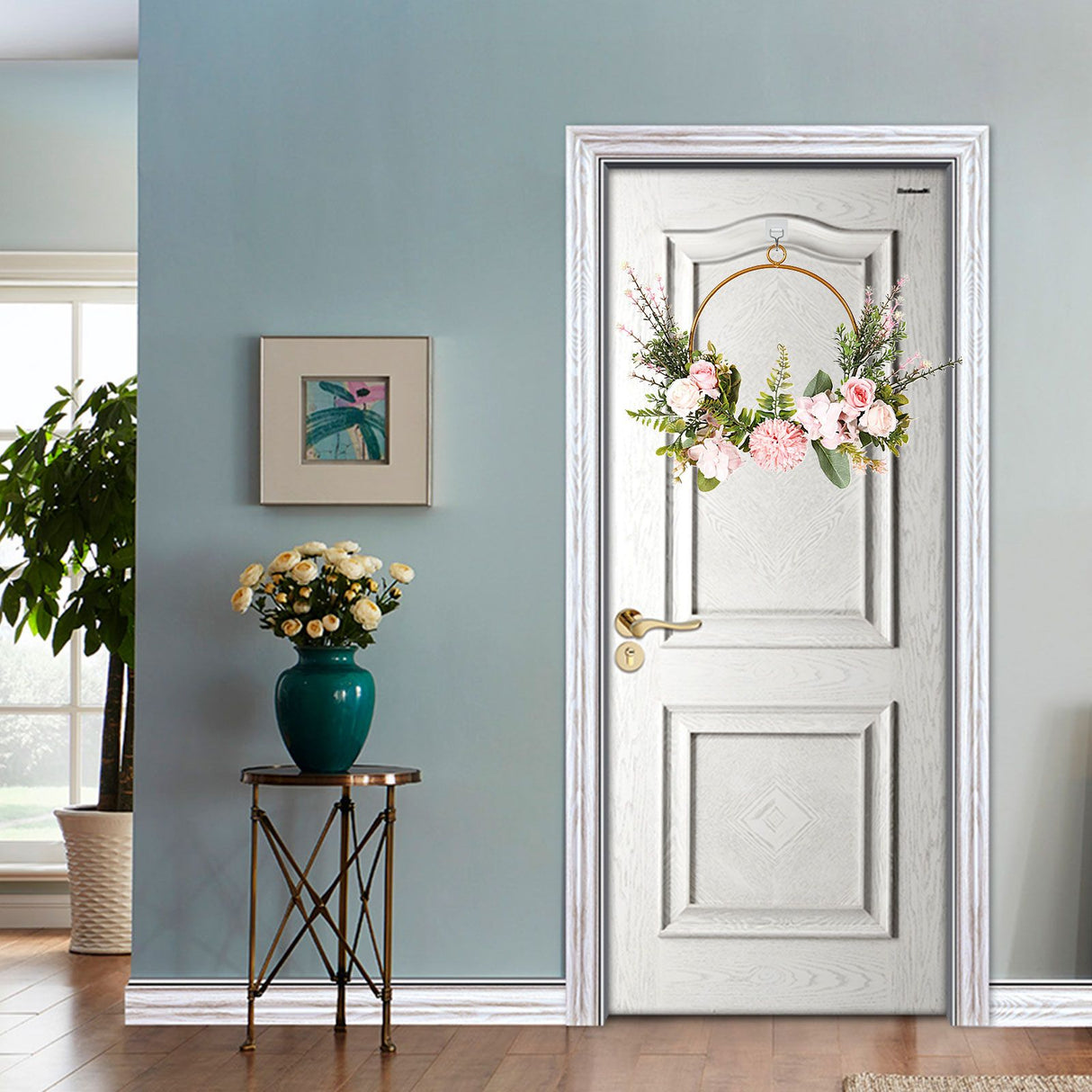 Iron Flower Plant Wall Hanging Wreath Artificial Wreath Silk Fabric Hanging Door Wreath for Living Room Bedroom Wedding