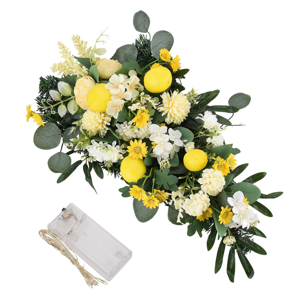 Spring Lemon Wreath Artificial Lemon Teardrop Wreath with Peony Flowers Green Leaves Decorative Fruit Wreath