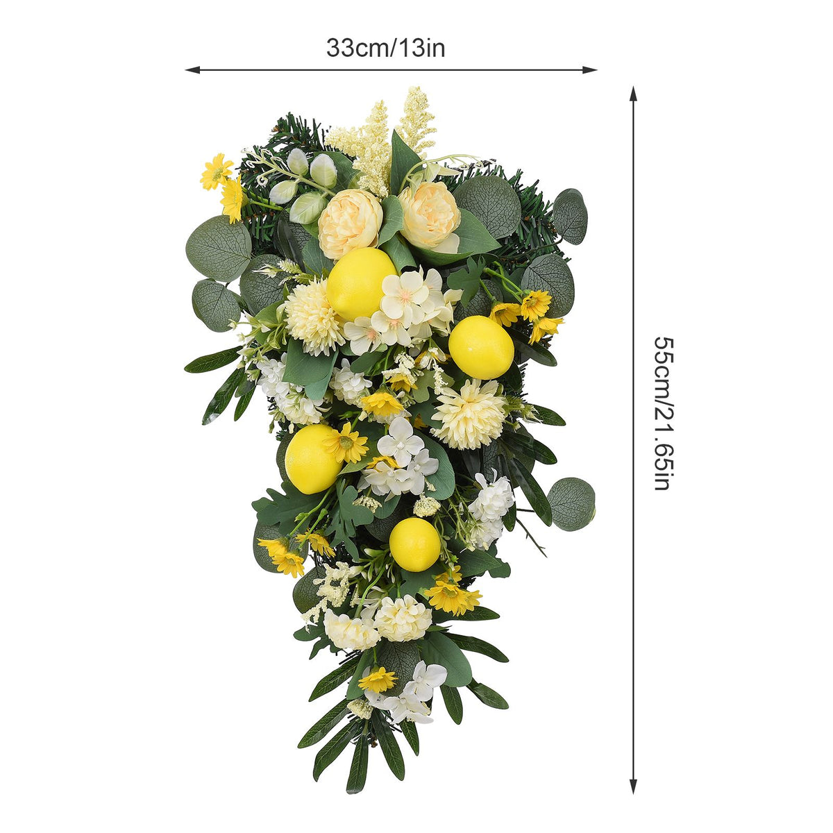 Spring Lemon Wreath Artificial Lemon Teardrop Wreath with Peony Flowers Green Leaves Decorative Fruit Wreath