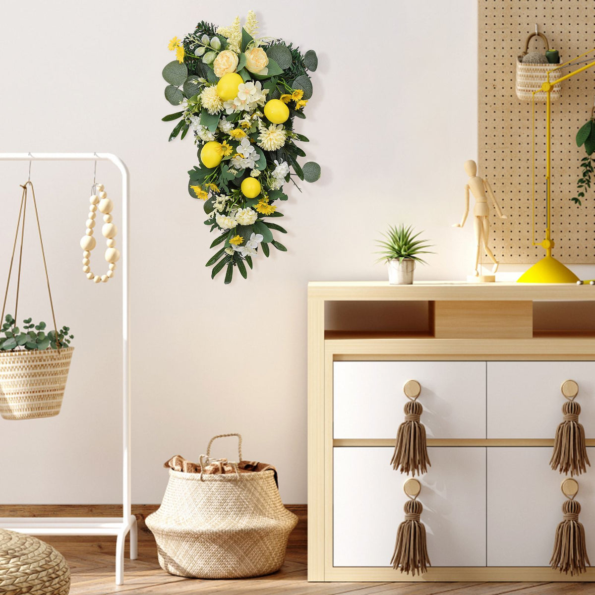 Spring Lemon Wreath Artificial Lemon Teardrop Wreath with Peony Flowers Green Leaves Decorative Fruit Wreath