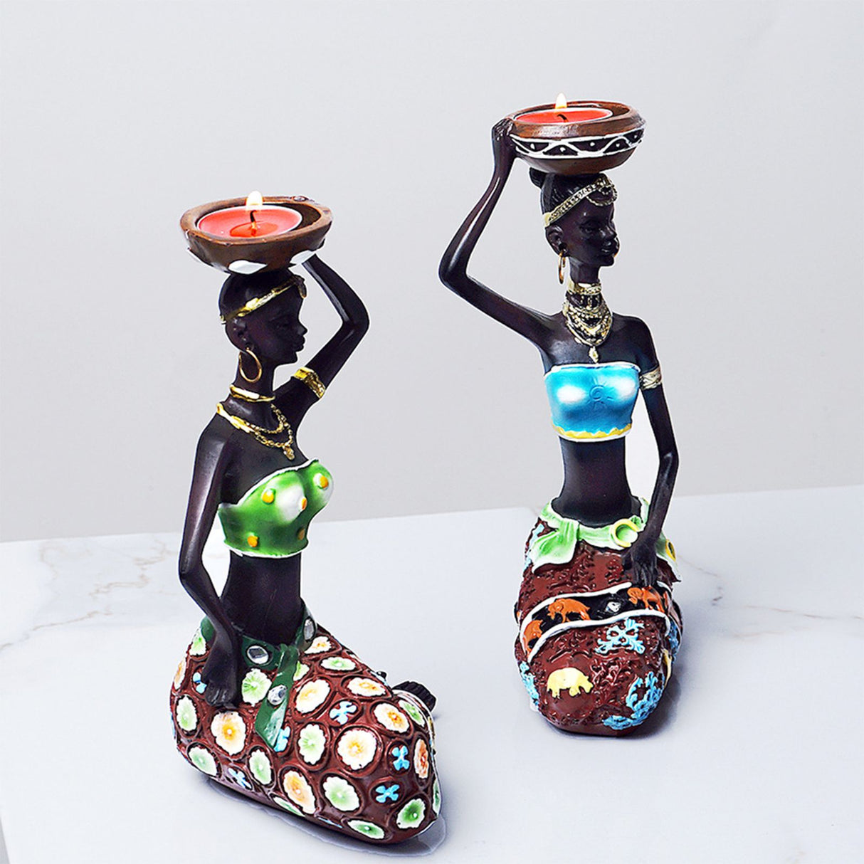 2PCS Vintage African Women Statue Candle Holders Resin Figurines Fits Up to 3.5cm Diameter Candles