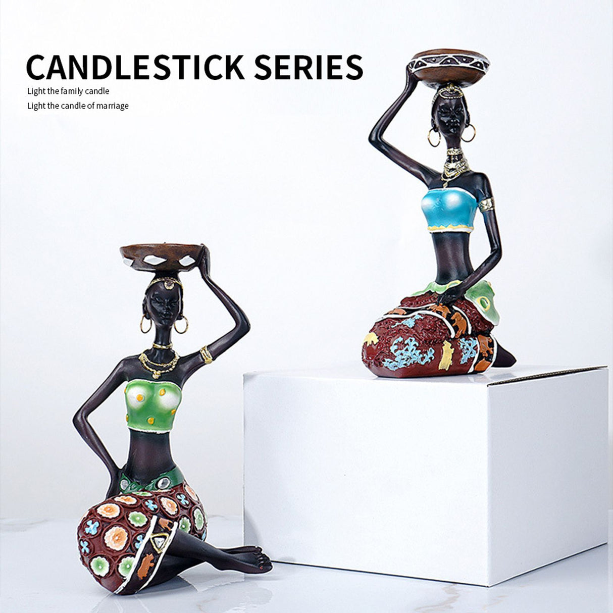 2PCS Vintage African Women Statue Candle Holders Resin Figurines Fits Up to 3.5cm Diameter Candles
