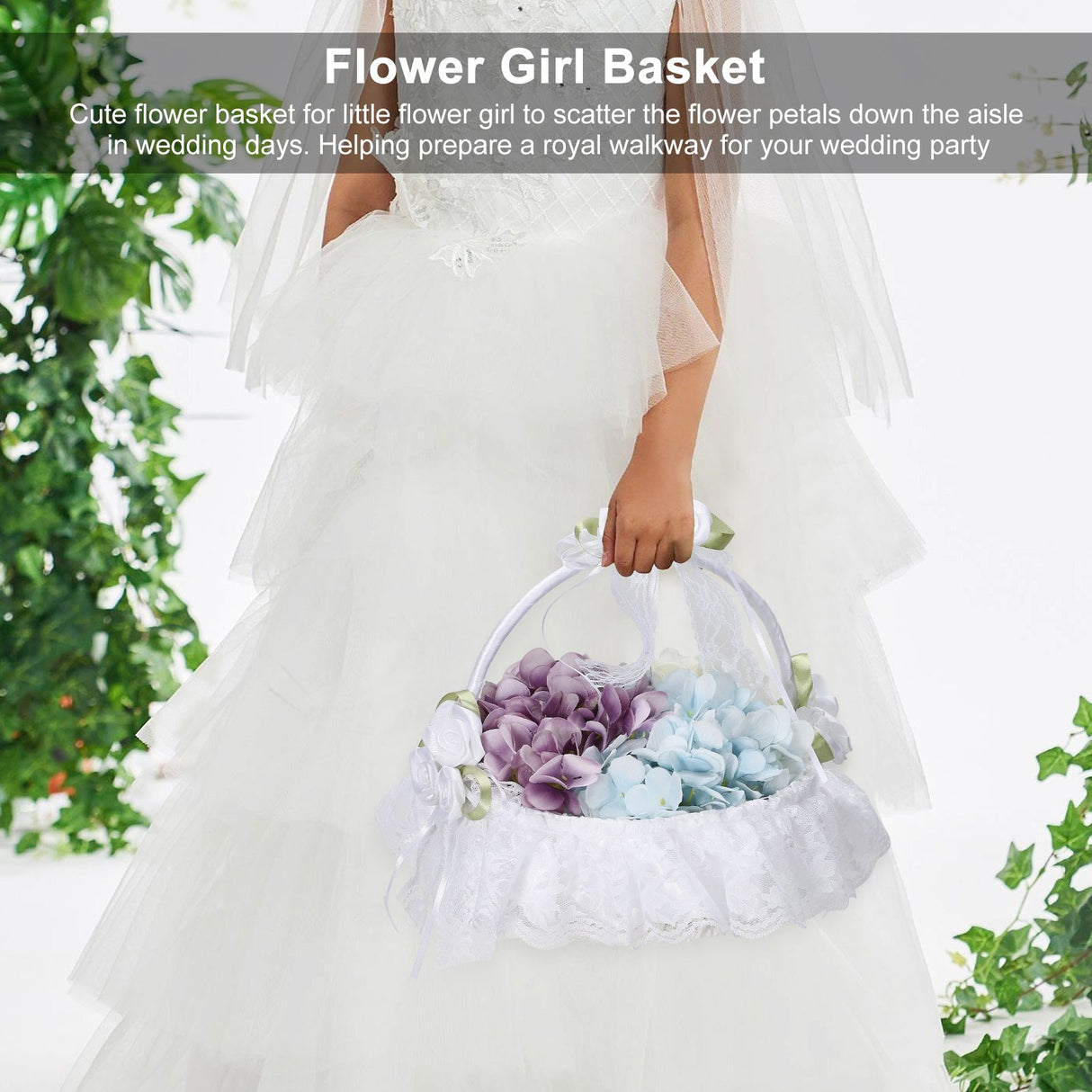Wedding White Flower Basket Silk Ribbon Decor Elegant Romantic Flower Basket for Wedding Photography