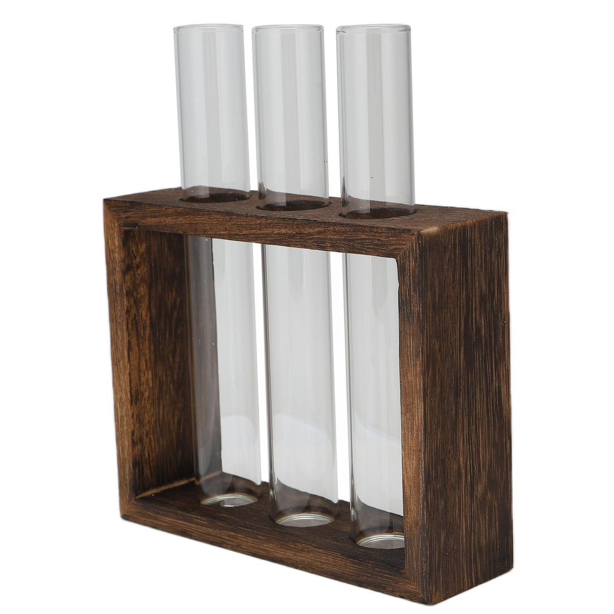 Tabletop Glass Tube Vase High Borosilicate Glass Pine Wood Frame Retro Tube Plant Vase for Hydroponic Plants Home Decoration3 Bottles