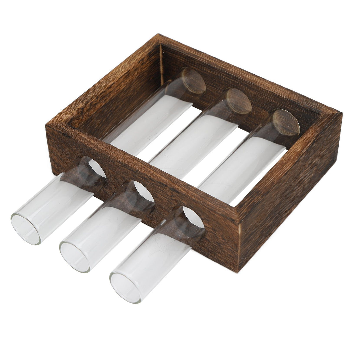 Tabletop Glass Tube Vase High Borosilicate Glass Pine Wood Frame Retro Tube Plant Vase for Hydroponic Plants Home Decoration3 Bottles