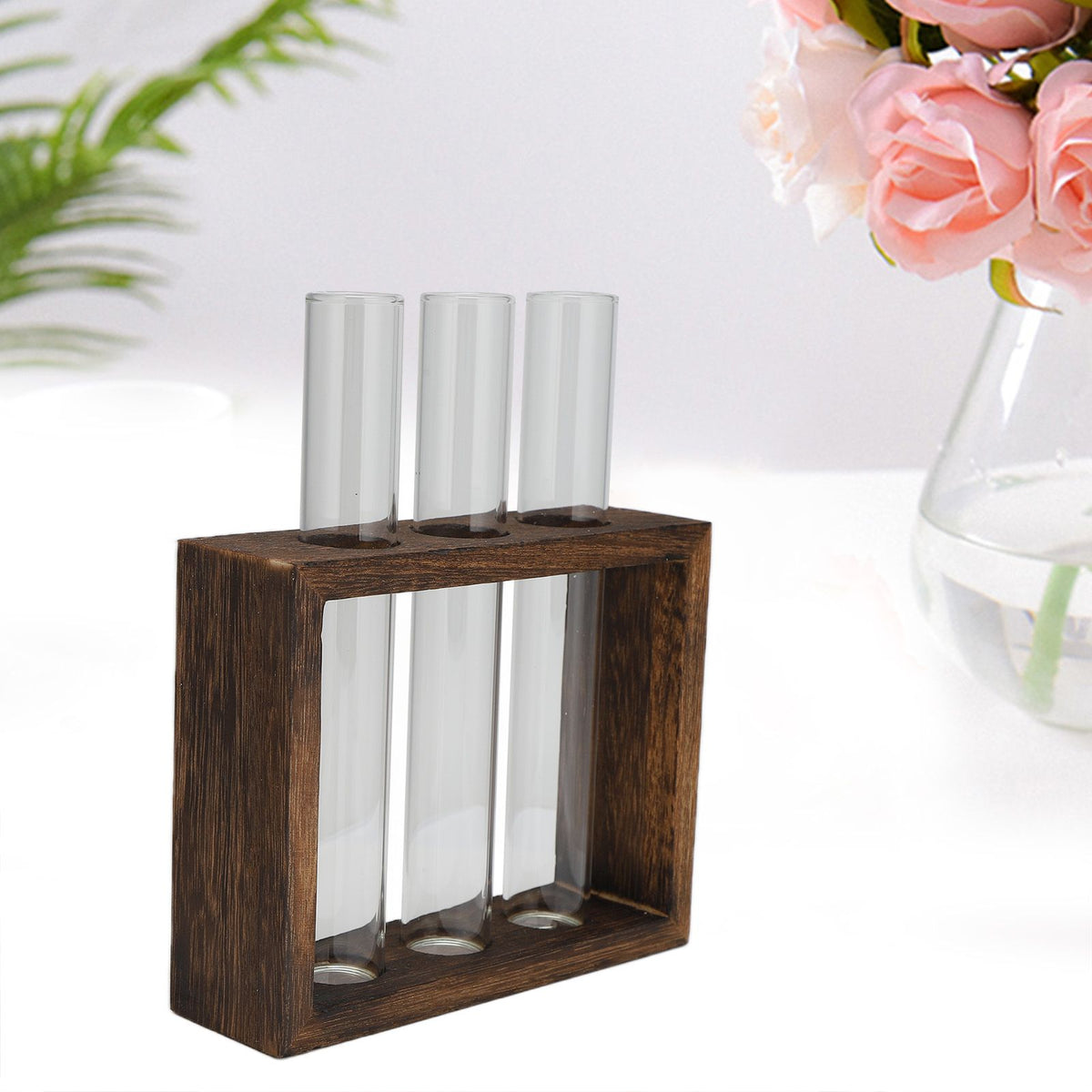 Tabletop Glass Tube Vase High Borosilicate Glass Pine Wood Frame Retro Tube Plant Vase for Hydroponic Plants Home Decoration3 Bottles