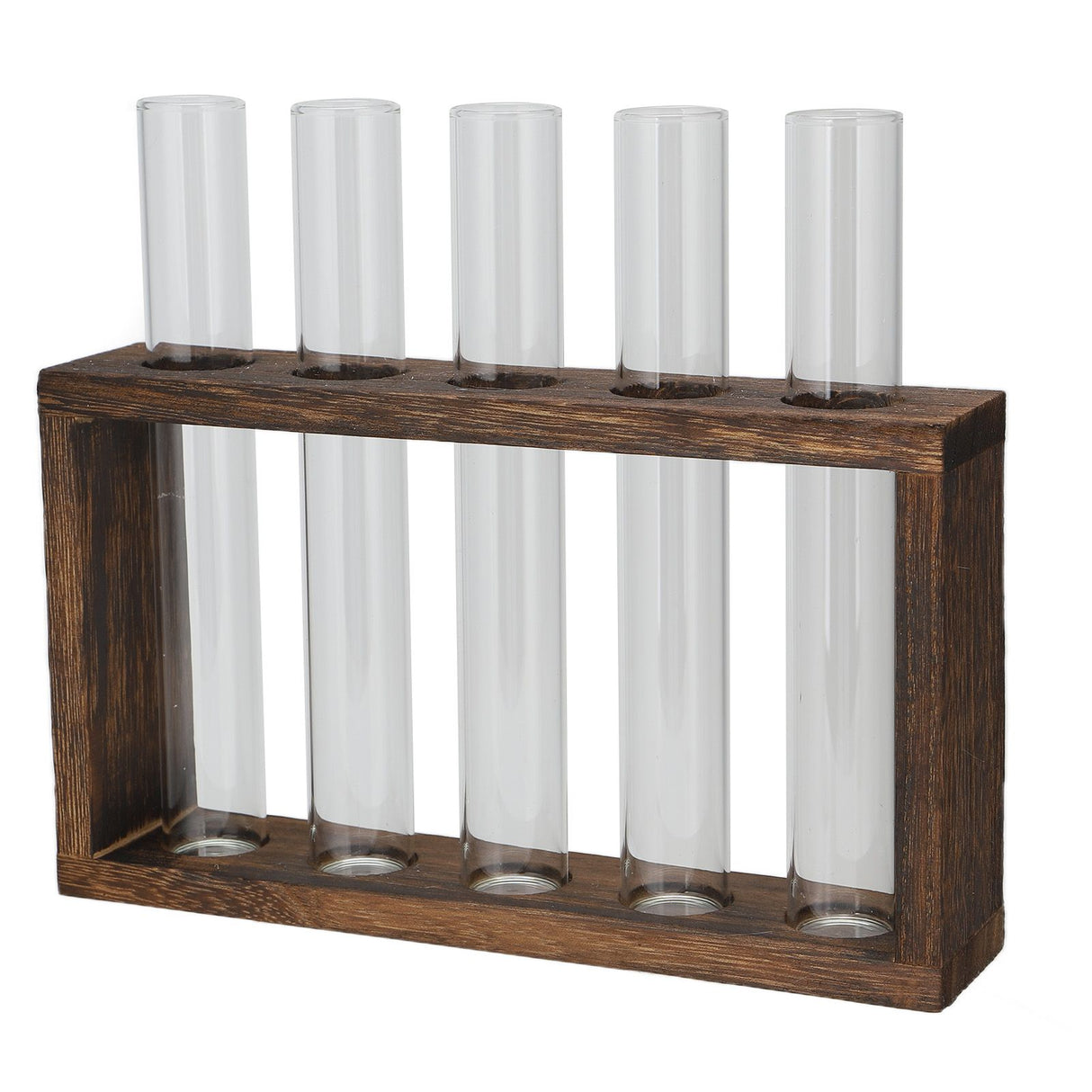 Tabletop Glass Tube Vase High Borosilicate Glass Pine Wood Frame Retro Tube Plant Vase for Hydroponic Plants Home Decoration5 Bottles